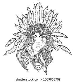 Tribal Fusion Boho Diva. Black and white illustration of Native American Indian girl in traditional feather headdress bonnet. Adult anti-stress coloring book page. 