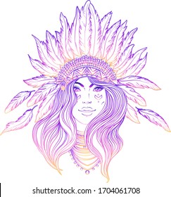 Tribal Fusion Boho Diva. Black and white illustration of Native American Indian girl in traditional feather headdress bonnet. Adult anti-stress coloring book page. Gradient outlines over white.
