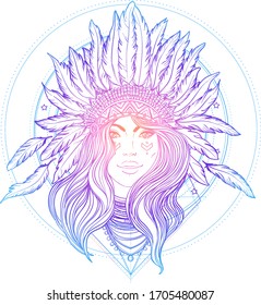 Tribal Fusion Boho Diva. Black and white illustration of Native American Indian girl in traditional feather headdress bonnet. Adult anti-stress coloring book page. Gradient outlines over white.