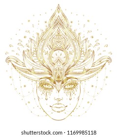 Tribal Fusion Boho Diva in gold. Beautiful Asian divine girl, ornate crown, kokoshnik inspired. Bohemian goddess. Hand drawn elegant illustration. Lotus flower, ethnic art, patterned Indian paisley