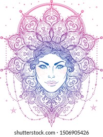 Tribal Fusion Boho Goddess. Beautiful divine diva girl with ornate crown, kokoshnik inspired. Bohemian goddess. Hand drawn elegant illustration. Lotus flower, ethnic art, patterned Indian paisley.