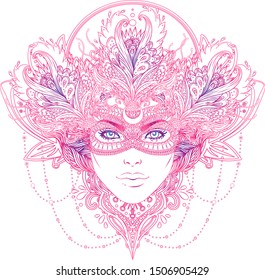 Tribal Fusion Boho Goddess. Beautiful divine diva girl with ornate crown, kokoshnik inspired. Bohemian goddess. Hand drawn elegant illustration. Lotus flower, ethnic art, patterned Indian paisley.