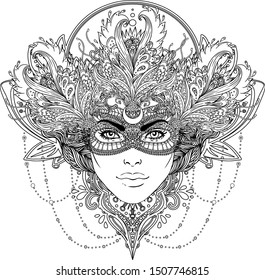 Tribal Fusion Boho Goddess. Beautiful divine diva girl with ornate crown, kokoshnik inspired. Bohemian goddess. Hand drawn elegant illustration. Lotus flower, ethnic art, patterned Indian paisley.