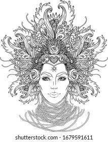 Tribal Fusion Boho Goddess  Beautiful divine diva girl and ornate crown  kokoshnik inspired  Bohemian goddess  Hand drawn elegant illustration  Lotus flower  ethnic art  patterned Indian paisley 