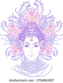 Tribal Fusion Boho Goddess. Beautiful divine diva girl with ornate crown, kokoshnik inspired. Bohemian goddess. Hand drawn elegant illustration. Lotus flower, ethnic art, patterned Indian paisley.