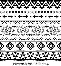 Tribal geometric Aztec seamless vector pattern, Navajo repetitive design in black pattern on white background. Retro abstract decoration with ethnic Aztec design elements, geometric monohchrome print
