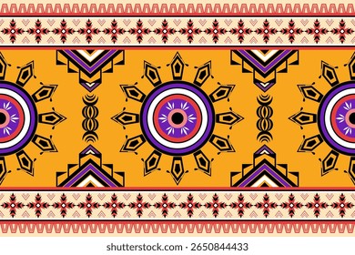 Tribal geometric border design featuring stylized floral and arrow motifs in vibrant orange, purple, black, and cream. Circle, archery target, for ethnic design, fabric, textile, wallpaper, background