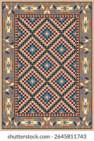 Tribal geometric carpet with diamond pattern. Southwestern style pixel art. Design for carpet, background, wallpaper, textile, home decor and wallpaper