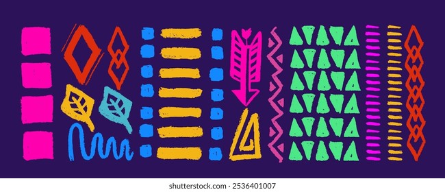 Padrão colorido geométrico tribal. Impressão de silhueta africana. Fronteira étnica. Tribo antigo. Gráfico asteca e maia. Formas mexicanas. Decorações do México ou do Peru. Textura inca. Elementos navajo. 