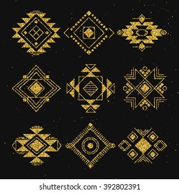 Tribal geometric elements collection. Ethnic gold glittering collection symbol, Navajo elements for design. Vector set with tribal, Indian, Aztec, hipster, boho elements.
