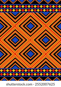 Tribal Geometric Ethnic padrão contínuo. Kente pano e tecido africano. Colorido de tons de azul, laranja, vermelho e preto