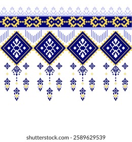 Tribal geometric floral graphic pattern in white, yellow on navy blue background. Native American textile art. Ethnic Fabric design. Ornamental use in printing industry. Vector, tile, carpet.