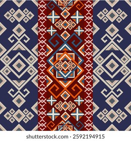 Tribal geometric in hot and cold tone, designed for wrapping, fabric, packaging, carpet and decorative.