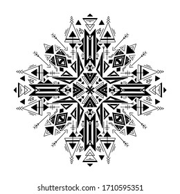 Tribal geometric mandala. Black native ornament on a white background. Mystical pattern. Vector folk pattern for cards, stickers, scrapbooking decoration and your creativity.