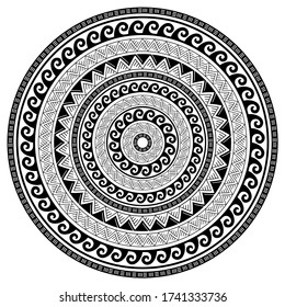 Tribal geometric mandala vector design, Polynesian Hawaiian tattoo style pattern with waves, triangles and abstract shapes. Boho mandala illustration in black and white, hippie round design