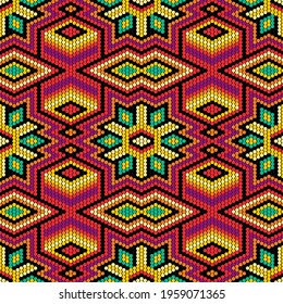 Tribal geometric ornament with Mexican Huichol art style. Native American beading. Ethnic seamless pattern.