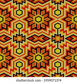 Tribal geometric ornament with Mexican Huichol art style. Native American beading. Ethnic seamless pattern.