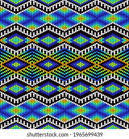 Tribal geometric ornament with Mexican Huichol art style. Native American beading. Ethnic seamless pattern.