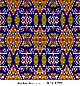 Tribal geometric ornament with Mexican Huichol art style. Native American beading. Ethnic seamless pattern.