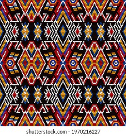 Tribal geometric ornament with Mexican Huichol art style. Native American beading. Ethnic seamless pattern.