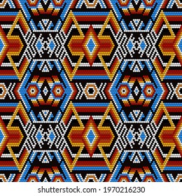 Tribal geometric ornament with Mexican Huichol art style. Native American beading. Ethnic seamless pattern.