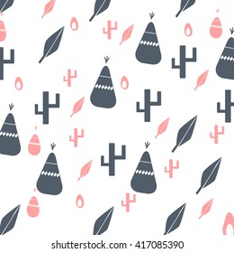 Tribal geometric pattern with arrows and feathers. Wigwam background Vector Illustration