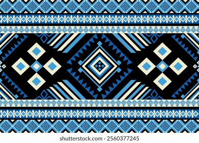 Tribal Geometric Pattern in Blue and Black Tones, Ethnic-Inspired Aztec Seamless Design, Abstract Tribal Diamond Pattern with Stripes, Motif, Background