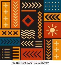 Tribal Geometric Pattern – Bold Ethnic Abstract Design with Arrows, Crosses, and Sun Motif