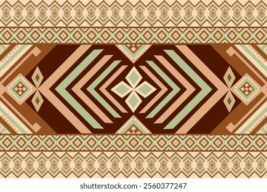 Tribal Geometric Pattern with Earthy Brown and Green Tones, Ethnic Seamless Design,  Chevron and Diamond Motifs, Abstract Tribal-Inspired Background, Native Cultural