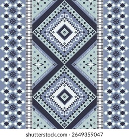 Patrón geométrico tribal con motivos de diamantes en capas. Diseño étnico azul-gris con cuadrados concéntricos, puntos y bordes tradicionales. Estética cultural Auténtica.