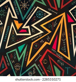 Tribal geometrisches Muster mit nordischen Runen. Nahtloses Muster