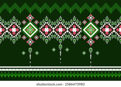Tribal geometric pattern. Pink, green and white on a dark background. Repeating pattern, combining small triangles and diamonds. Native American and tribal motifs. Use in textiles or decorative arts.