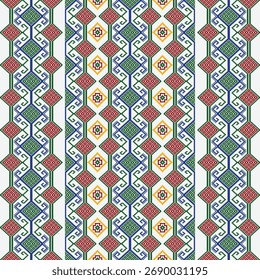 Patrón geométrico tribal en rojo, rosa, naranja y crema sobre fondo púrpura Diseño decorativo étnico para tela y azulejos