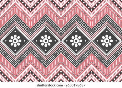 Tribal geometric pattern. Seamless Ethnic floral pattern. Bold tribal-inspired design with zigzag and floral diamond motifs in charcoal black, rose pink, and white. Perfect for textiles, packaging,