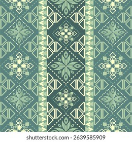 Tribal Geometric Pattern with Teal, Mint, and Cream Motifs and Vertical Stripes Seamless Design. This is for wallpaper, textile, home decoration, carpet.
