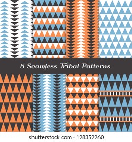 Tribal Geometric Patterns in Charcoal, White and 2 Pantone 2013 colors of the year:  Dusk Blue and Nectarine Orange. Pattern Swatches with Global Colors - easy to change all patterns in one click.