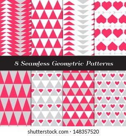 Tribal Geometric Patterns in Hot Pink, Silver Gray and White. Triangles, hearts and arrows. Minimal style Valentine Day background. Pattern Swatches included and made with Global Colors