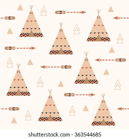 Tribal geometric seamless pattern with arrows and feathers. Wigwam background pattern. Vector Illustration