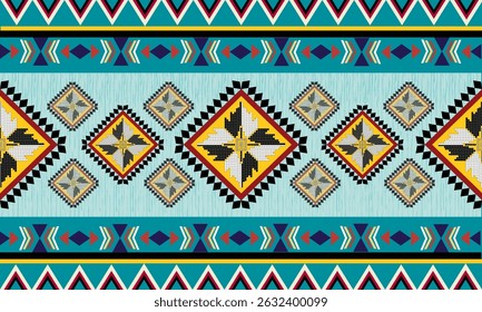 Tribal geometric seamless pattern with Aztec motifs in vibrant colors, ideal for boho textiles, upholstery, fashion, and southwestern interior decor design