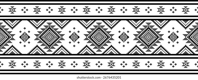 Tribal geometric seamless pattern Aztec, Native American, Navajo, Southwestern Ethnic style black and white design for textile printing