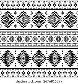 Tribal geometric seamless pattern Aztec, Native American, Navajo, Southwestern Ethnic style black and white design for textile printing