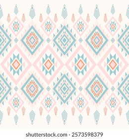 Tribal Geometric Seamless Pattern, Boho Abstract Ethnic Diamond. Decorative Aztec Design with Soft Colors. Bohemian Geometry. Traditional Ethnic Decorative Background. Vector illustration.