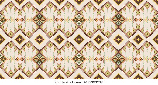 Tribal geometric seamless pattern with diamonds and zigzags in earthy colors. Beige background with brown, yellow, green accents. Ideal for textiles, decor, and boho designs.