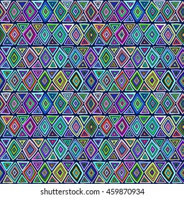 Tribal geometric seamless pattern in ethnic style, traditional motifs, decorative texture of bright colored shapes.