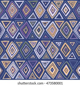 Tribal geometric seamless pattern in ethnic style, traditional motifs, decorative texture of bright colored shapes.