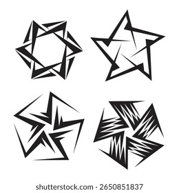 Tribal geometric star symbols set, abstract black angular shapes, edgy sharp tattoo-style design elements, modern vector emblems on white background. Vector illustration
