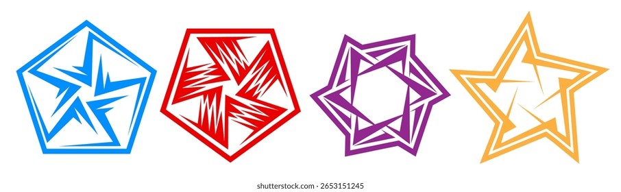 Conjunto de símbolos tribais de estrelas geométricas, formas angulares pretas abstratas, elementos de design de tatuagem afiada, emblemas vetoriais modernos em fundo branco. Ilustração vetorial