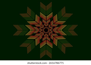 Tribal geometric starburst pattern. Traditional ethnic mandala hand drawn in green, red and yellow tones on a black background.