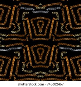 Tribal geometric vector seamless pattern. Abstract dotted black gold background with radial geometric shapes, figures, stripes, lines and figured ornaments. Textured design for fabric, textile, prints