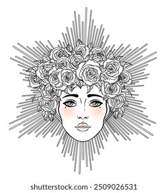 Tribal Goddess. Boho Girl over black and white ornate mandala. Vector ornate decorative illustration isolated on white. Buddhism esoteric motifs. Tattoo, spiritual yoga. Coloring book.